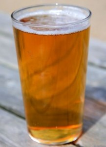 Pint glass of Oakham Ales real ale in a pub garden setting real ale micro brewery
