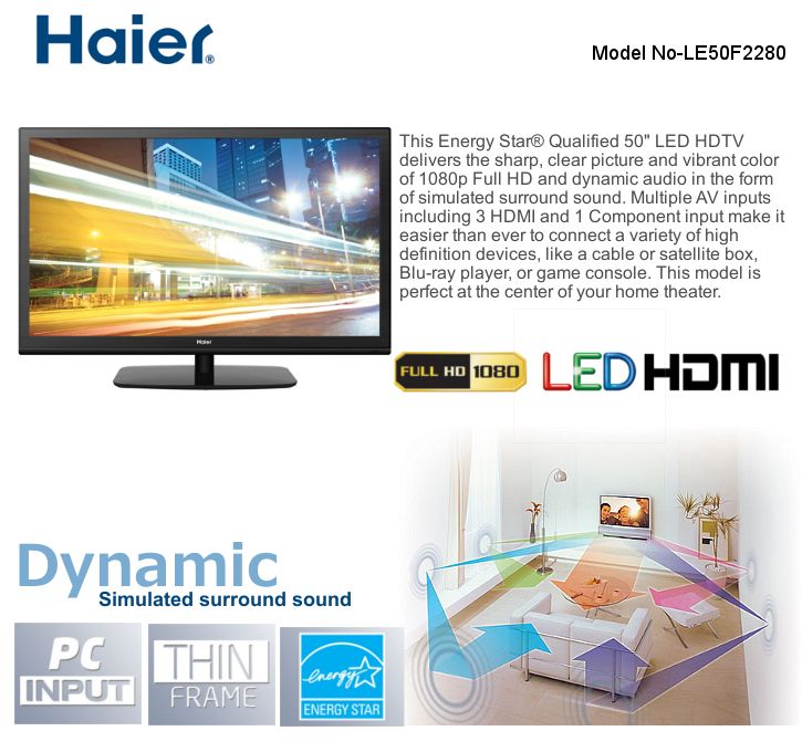 Haier 50 Class LED HDTV - 1080p, 1920 x 1080, 16:9, 60Hz, 6.5ms, 3x HDMI, USB, Energy Star - LE50F2280 at TigerDirect.com